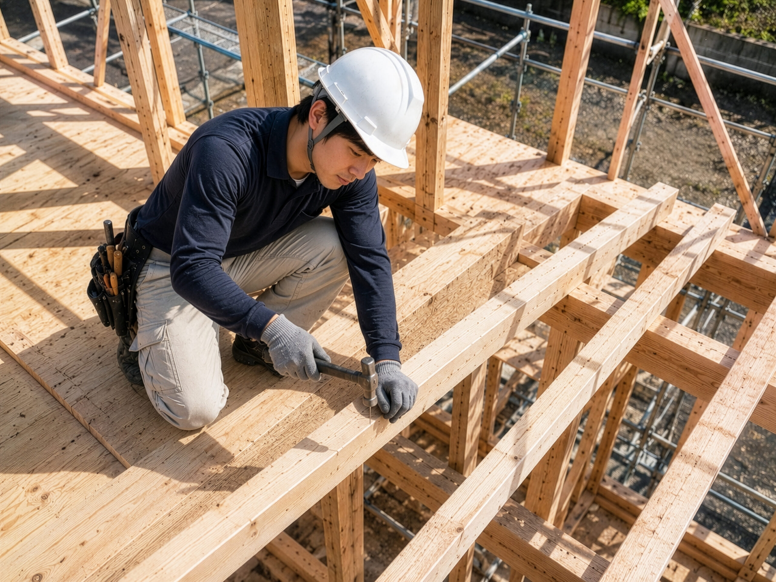 木の軸組の上で墨を確かめる大工、施工中の現場